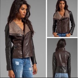 Vince Brown Colorblock Open Drape Moto Biker Lamb Leather Jacket. Small.